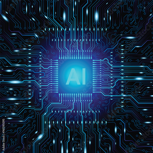 CPU Chip on Motherboard. Central Computer Processors CPU concept. Quantum computer large data processing database concept. Futuristic microchip processor. AI chip background with circuit light. 