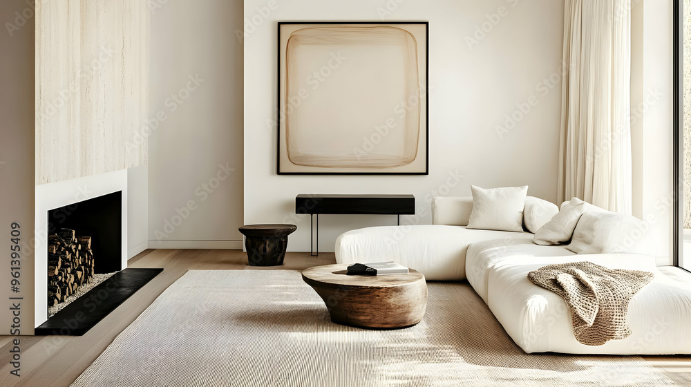 Fototapeta premium A modern, minimalist living room with neutral tones and a cozy atmosphere.