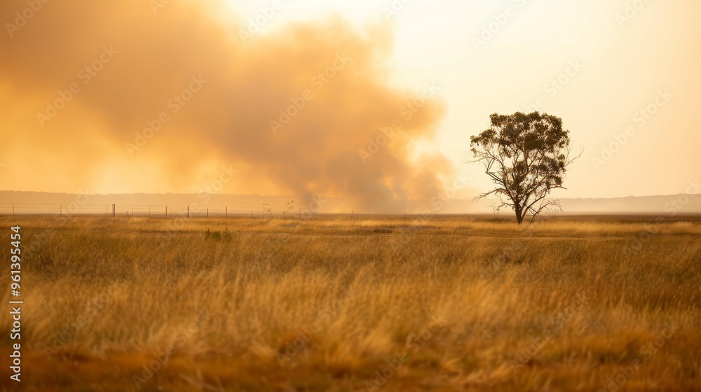 Fototapeta premium A lone tree stands in the foreground of this expansive field In the background, a significant plume of smoke rises into the sky