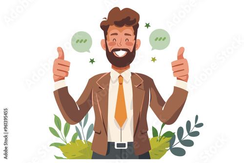 Satisfied Business Owner Giving Enthusiastic Thumbs Up and Five-Star Rating, Representing Excellent Customer Feedback, User Experience, and Top Rankings