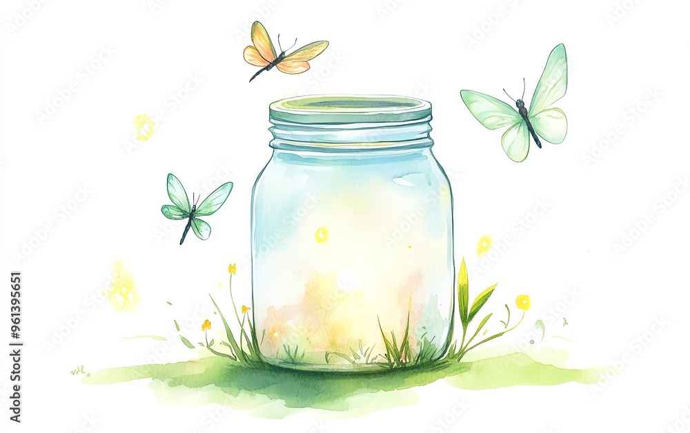 A glass jar filled with glowing fireflies, watercolor wash, soft glowing light, isolated on white background A glass jar filled with glowing fireflies, watercolor wash, soft glowing light, isolated on white background