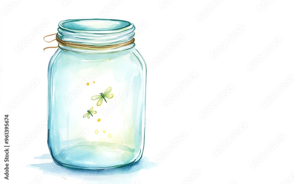 A glass jar filled with glowing fireflies, watercolor wash, soft glowing light, isolated on white background A glass jar filled with glowing fireflies, watercolor wash, soft glowing light, isolated on white background