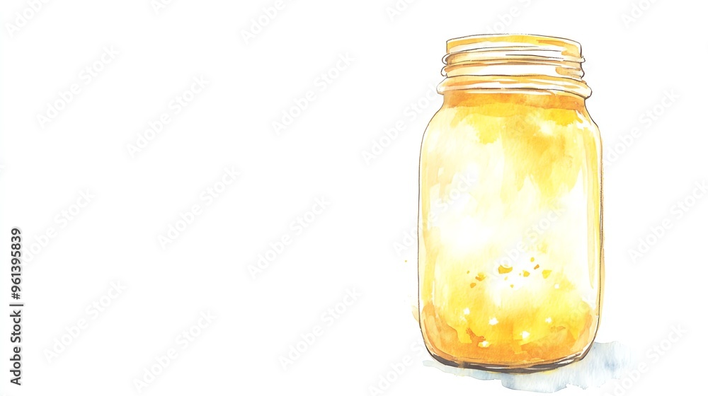 Fireflies inside a mason jar, soft watercolor strokes, glowing softly in warm yellow tones, isolated on white background Fireflies inside a mason jar, soft watercolor strokes, glowing softly in warm yellow tones, isolated on white background
