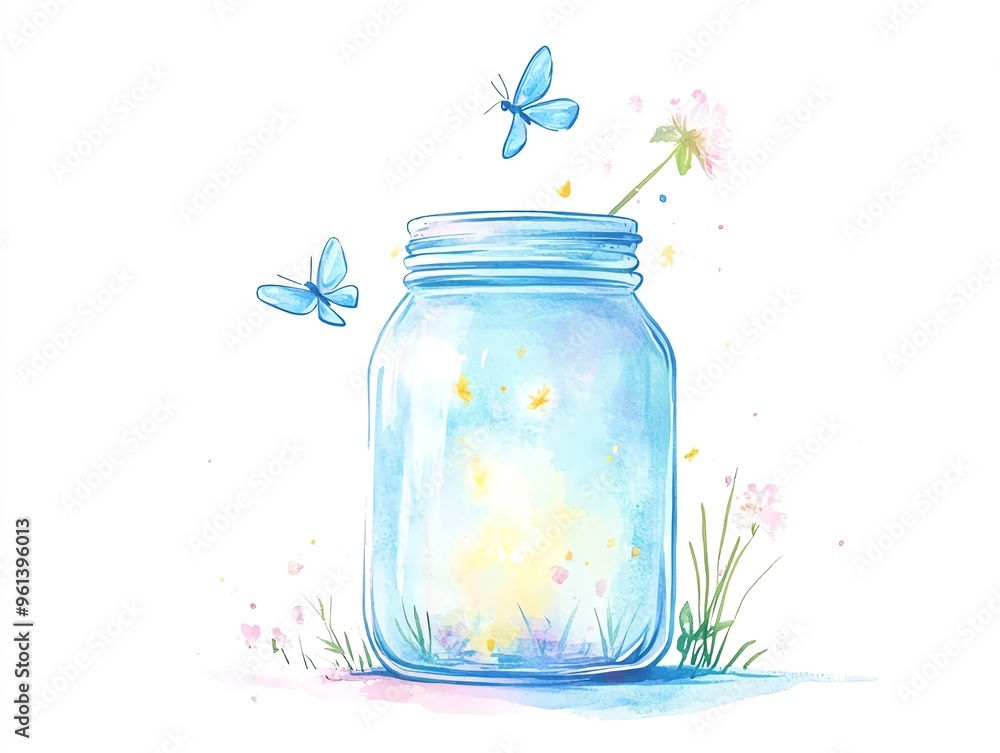 Fireflies escaping from an open jar, soft watercolor light effect, pastel glow, isolated on white background Fireflies escaping from an open jar, soft watercolor light effect, pastel glow, isolated on white background