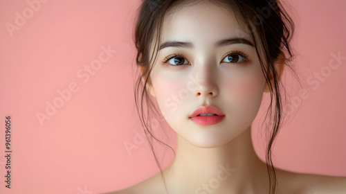 A portrait of a young woman with soft features against a pink background.