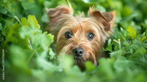  A tight shot of a small blue-eyed dog amidst a sea of green leaves