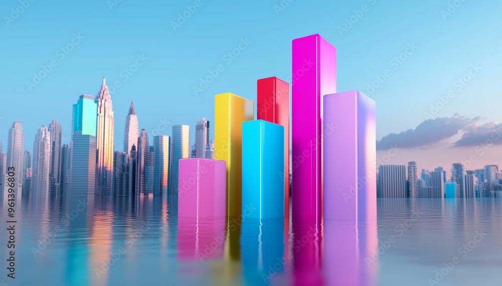 Vibrant city skyline with colorful bar graphs, business growth visualization, 3D illustration Vibrant city skyline with colorful bar graphs, business growth visualization, 3D illustration