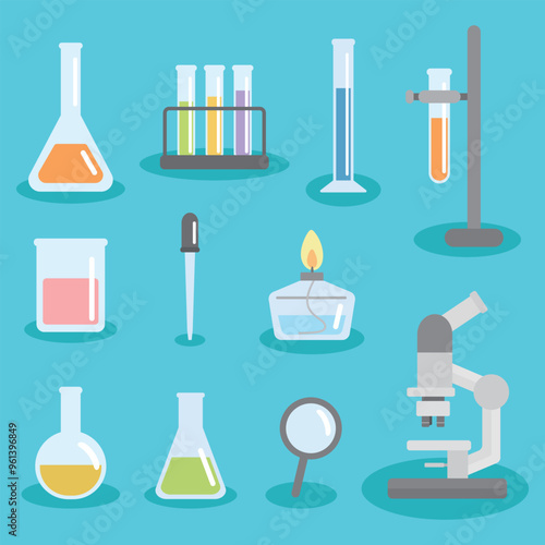 Chemistry laboratory equipment collection vector illustration. Microscope, Erlenmeyer flask, magnifying glass, dropper, measuring cylinder, alcohol lamp, beaker, Florence flask, test tube, beaker.