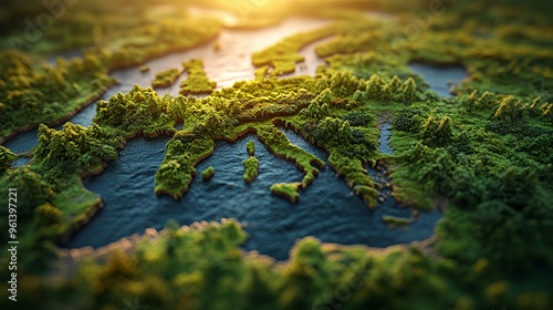 Close-up of a green, grassy, and textured map of a coastline. photo