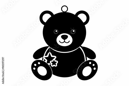 Cute Teddy Bear Baby Shower Clipart with Simple Christmas Ornament Black Silhouette.