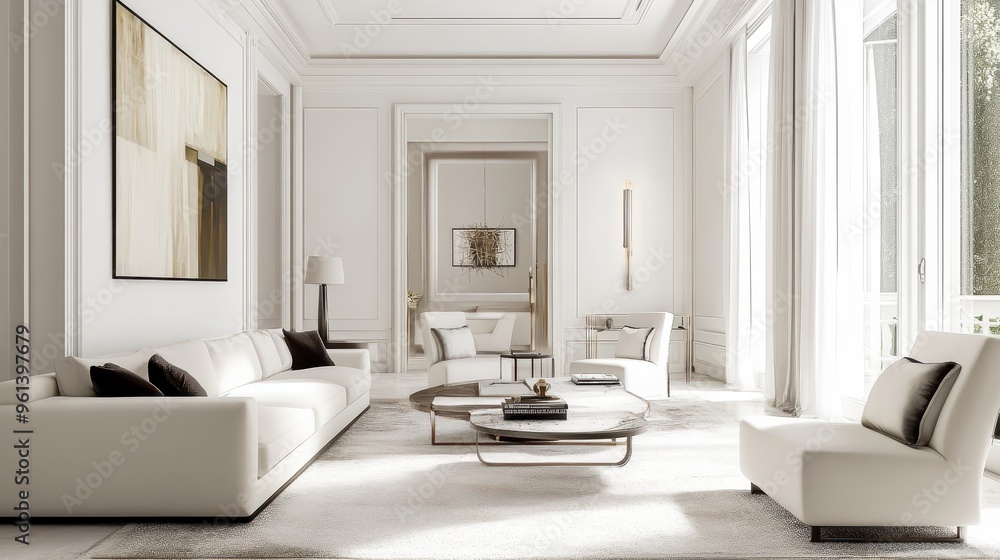 Elegant Modern Living Room with White Furniture and Large Windows Allowing Natural Light Elegant Modern Living Room with White Furniture and Large Windows Allowing Natural Light