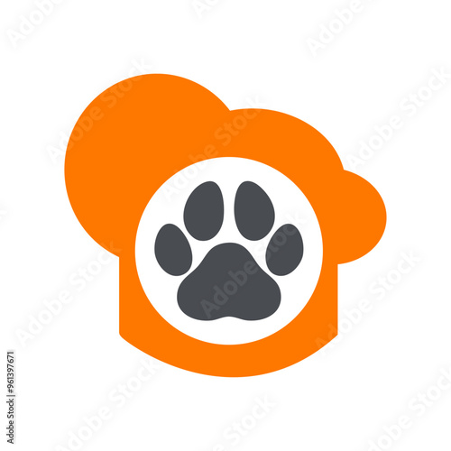 Logo de tienda de alimentos para mascotas. Silueta de pata de gato o perro en sombrero de cocinero