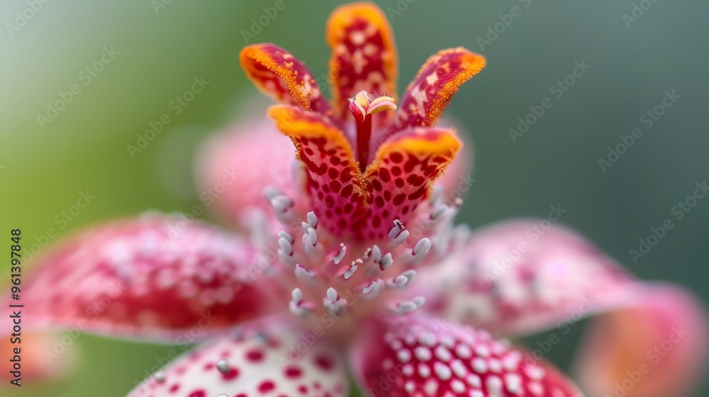 A red and white flower with dotted petals and a blurred backdrop A red and white flower with dotted petals and a blurred backdrop
