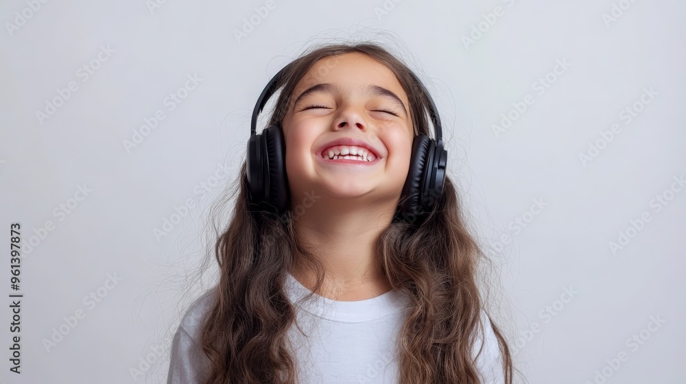 A young girl, with a broad grin and closed eyes, enjoys wearing black headphones. She is posed against a light background, radiating joy and happiness in a white t-shirt. A young girl, with a broad grin and closed eyes, enjoys wearing black headphones. She is posed against a light background, radiating joy and happiness in a white t-shirt.