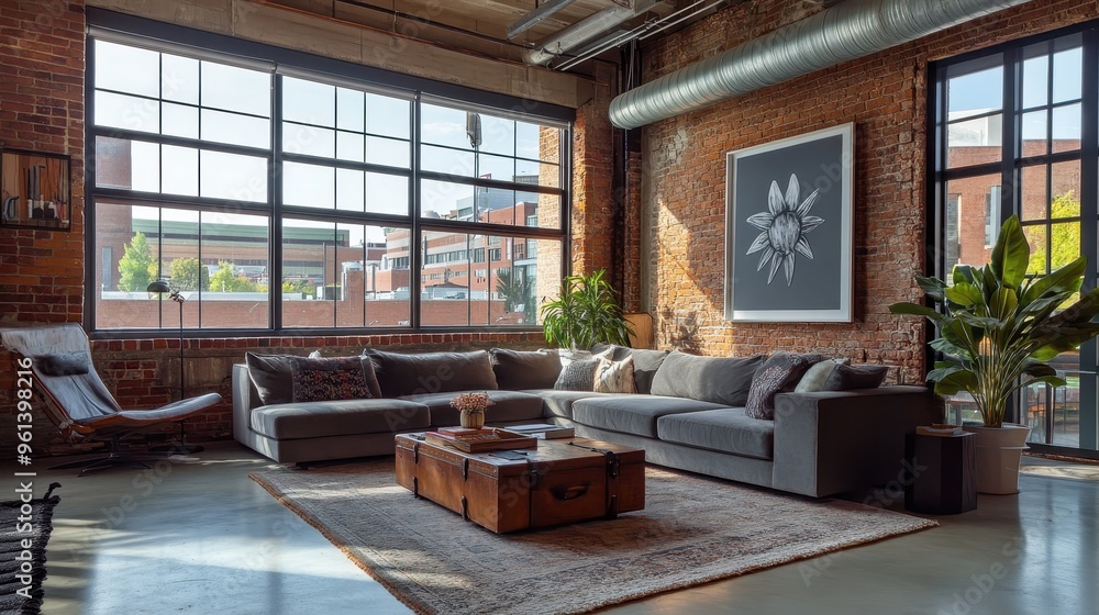 Cozy Industrial Loft Living Room with Large Windows and Modern Furniture in Urban Setting Cozy Industrial Loft Living Room with Large Windows and Modern Furniture in Urban Setting