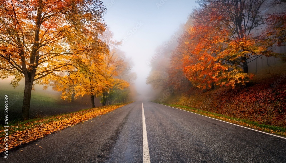 Wide shot of a foggy road lined with colorful trees
Wide shot of a foggy road lined with colorful trees