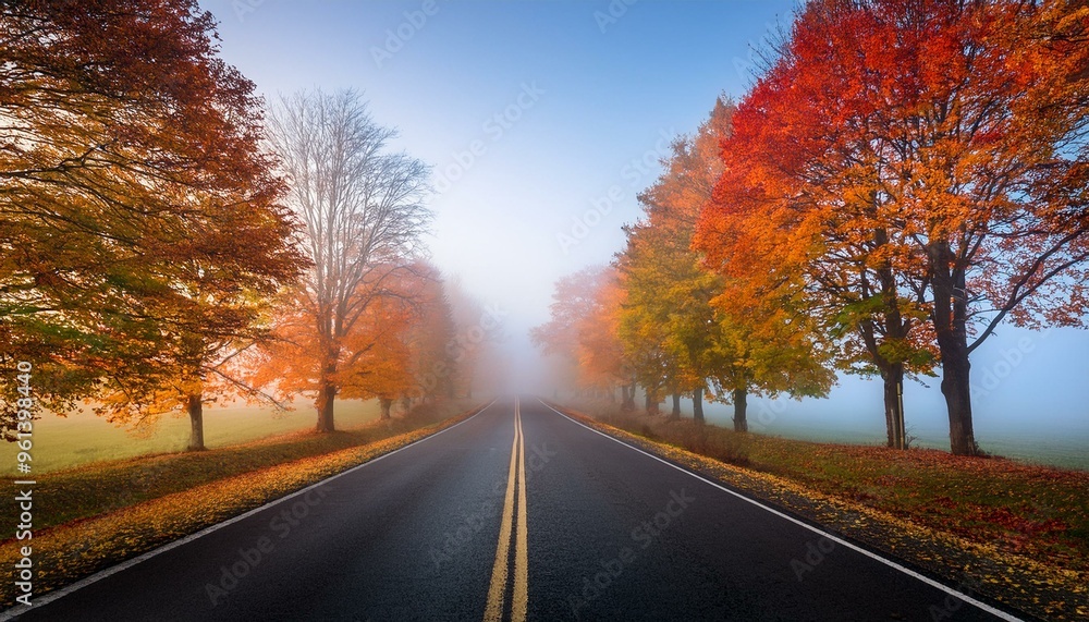 Wide shot of a foggy road lined with colorful trees
Wide shot of a foggy road lined with colorful trees
