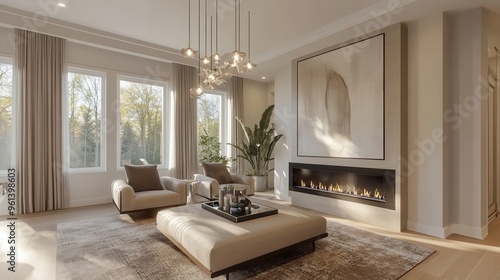 Wallpaper Mural Modern Luxurious Living Room with Large Windows, Contemporary Furniture, and Elegant Fireplace Torontodigital.ca