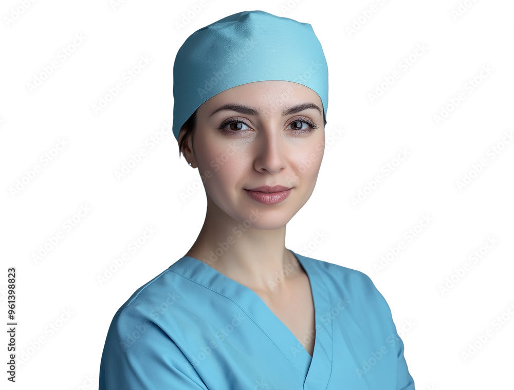 isolated portrait of a friendly female doctor in medical uniform and scrub cap isolated portrait of a friendly female doctor in medical uniform and scrub cap