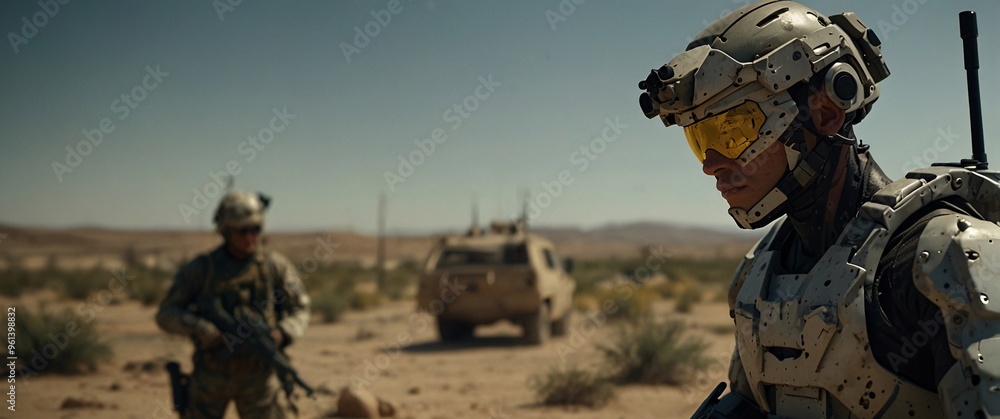Futuristic Soldier in Desert: A lone soldier in futuristic armor stands amidst a barren desert landscape, his gaze fixed on the horizon. A sense of isolation and determination pervades the scene, hint Futuristic Soldier in Desert: A lone soldier in futuristic armor stands amidst a barren desert landscape, his gaze fixed on the horizon. A sense of isolation and determination pervades the scene, hint
