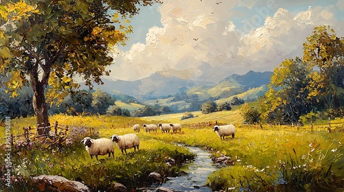 An idyllic rural landscape with sheep grazing by a creek, framed by mountains in the distance.