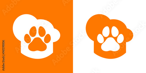 Logo de tienda de alimentos para mascotas. Silueta de pata de gato o perro en sombrero de cocinero