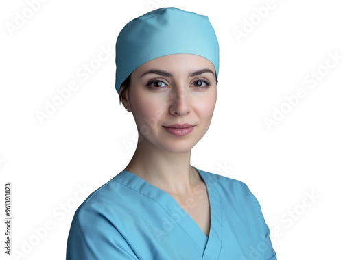 isolated portrait of a friendly female doctor in medical uniform and scrub cap