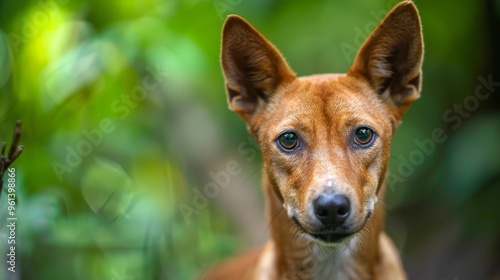  A tight shot of a dog's expressive face against a softly blurred backdrop of trees and bushes