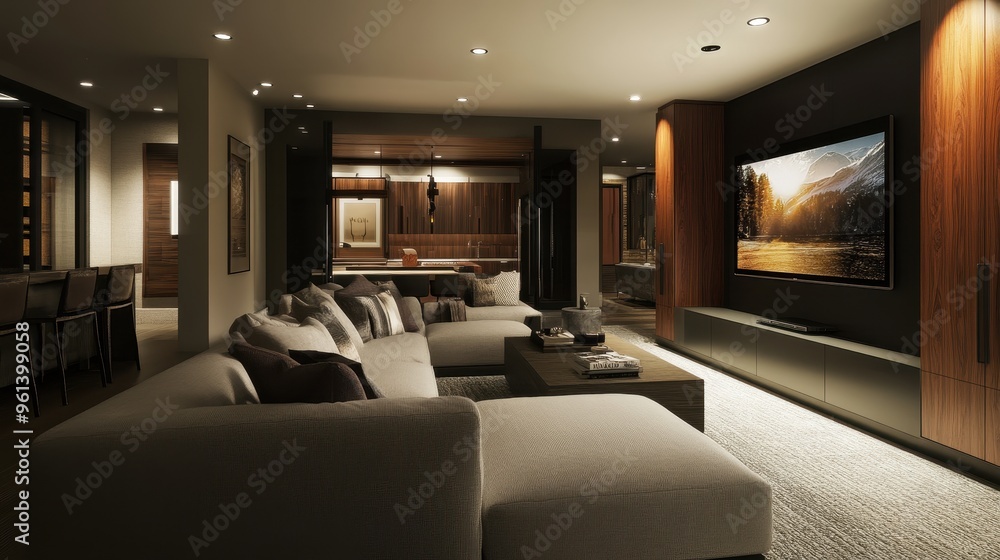 Modern Luxury Living Room with Cozy Sofa, Large TV, and Elegant Dining Area in Contemporary Home Interior Modern Luxury Living Room with Cozy Sofa, Large TV, and Elegant Dining Area in Contemporary Home Interior