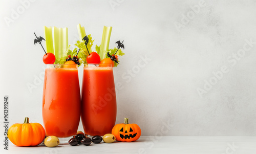 Cocktails with cherry tomatoes and black straws on white textured background. Festive and spooky Halloween drink concept photo