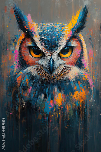 Abstract painting of an owl with vibrant colors photo