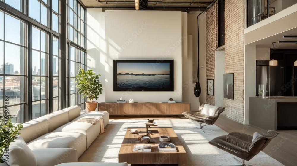 Modern Industrial Loft Living Room with Large Windows and City View Modern Industrial Loft Living Room with Large Windows and City View