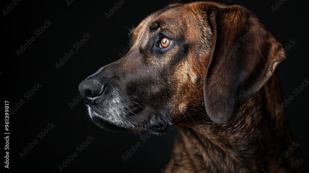 A dog's face in close-up, intensely gazing, set against a black backdrop A dog's face in close-up, intensely gazing, set against a black backdrop