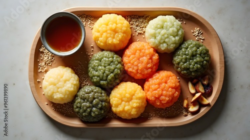 Colorful Tteok Korean Rice Cakes on a Wooden Tray