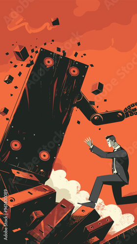 Robot Arm Pushing Domino and Causing Businessman to Fall, Illustrating AI's Disruptive Impact on Human Jobs and Future Work Uncertainty