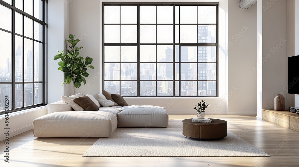Fototapeta premium Modern Minimalist Living Room with Large Windows and Natural Light