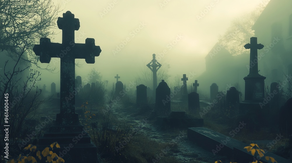 Ghostly shadows of gravestones loom in the foggy cemetery. Ghostly shadows of gravestones loom in the foggy cemetery.