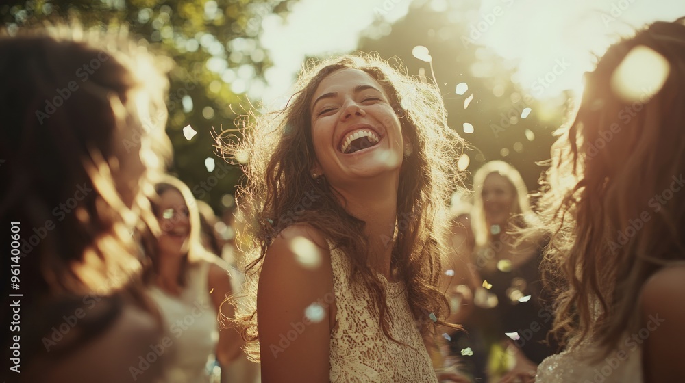 A joyful woman with wavy hair, surrounded by friends, enjoys a moment under the sunshine as colorful confetti falls around her during a delightful outdoor event. A joyful woman with wavy hair, surrounded by friends, enjoys a moment under the sunshine as colorful confetti falls around her during a delightful outdoor event.