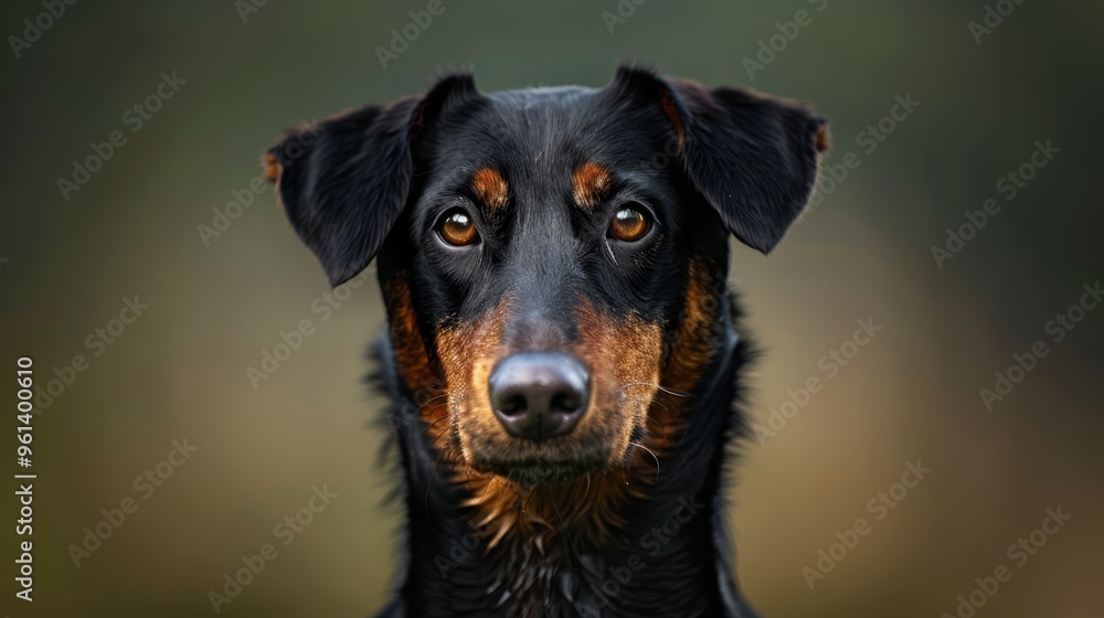 A tight shot of a black and brown dog's expressive face gazing into the camera, backdrop softly out of focus A tight shot of a black and brown dog's expressive face gazing into the camera, backdrop softly out of focus