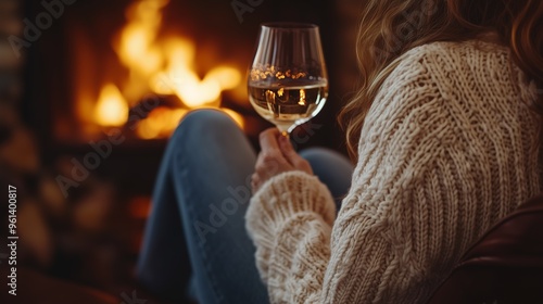 A person in a knitted sweater enjoys a glass of white wine by the warm glow of a fireplace. © RaptorWoman
