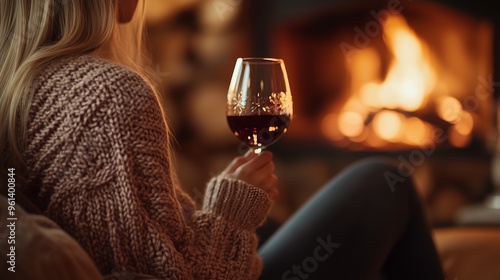 A woman enjoys a glass of red wine by the fireplace, wearing a cozy knit sweater, creating a warm atmosphere. photo