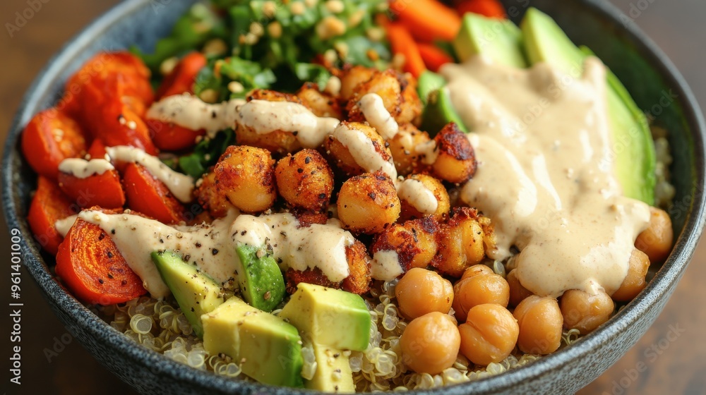 A delicious quinoa bowl with roasted vegetables, avocado, and chickpeas, drizzled with a creamy tahini sauce. A delicious quinoa bowl with roasted vegetables, avocado, and chickpeas, drizzled with a creamy tahini sauce.
