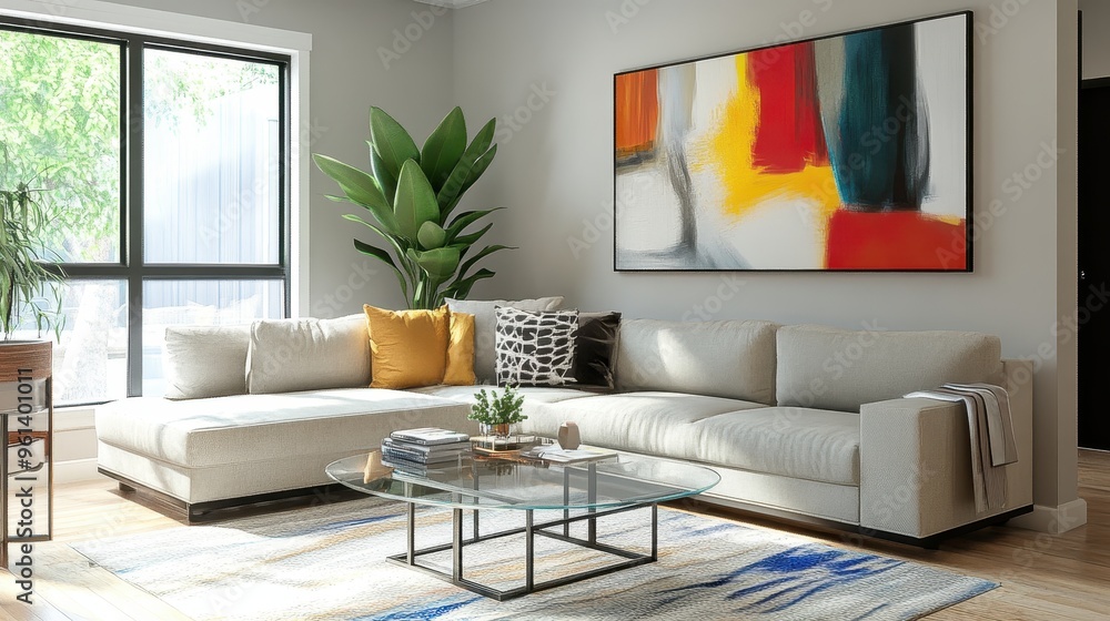 Fototapeta premium Modern Living Room with Contemporary Art, Large Windows, and Comfortable Sofa in a Bright and Stylish Home Interior