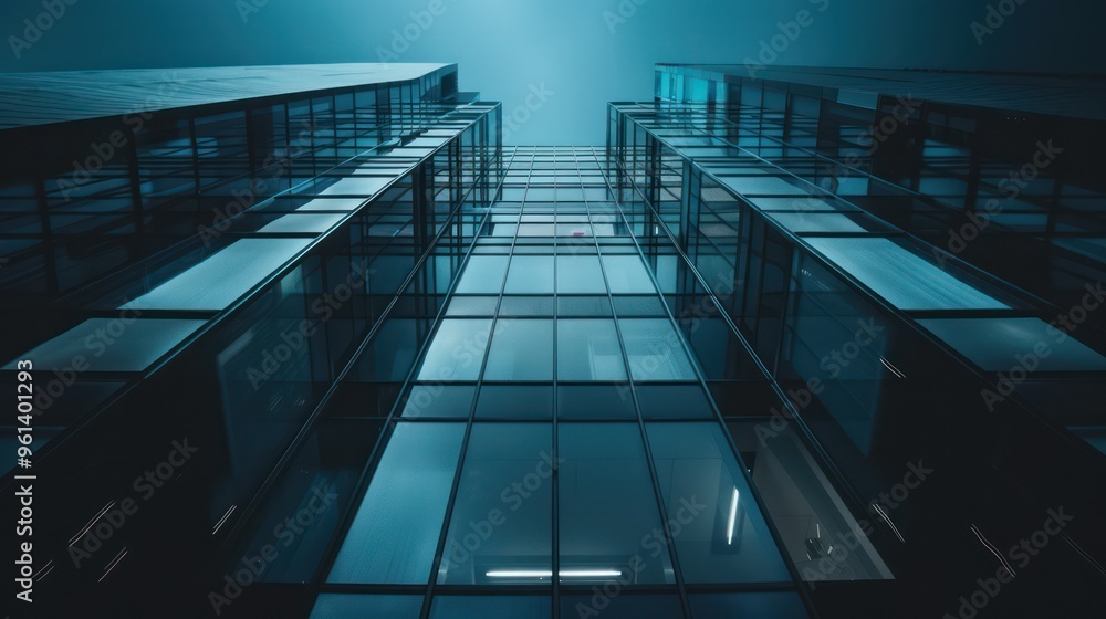 A low-angle view of a modern glass building reflecting a cool blue light. A low-angle view of a modern glass building reflecting a cool blue light.