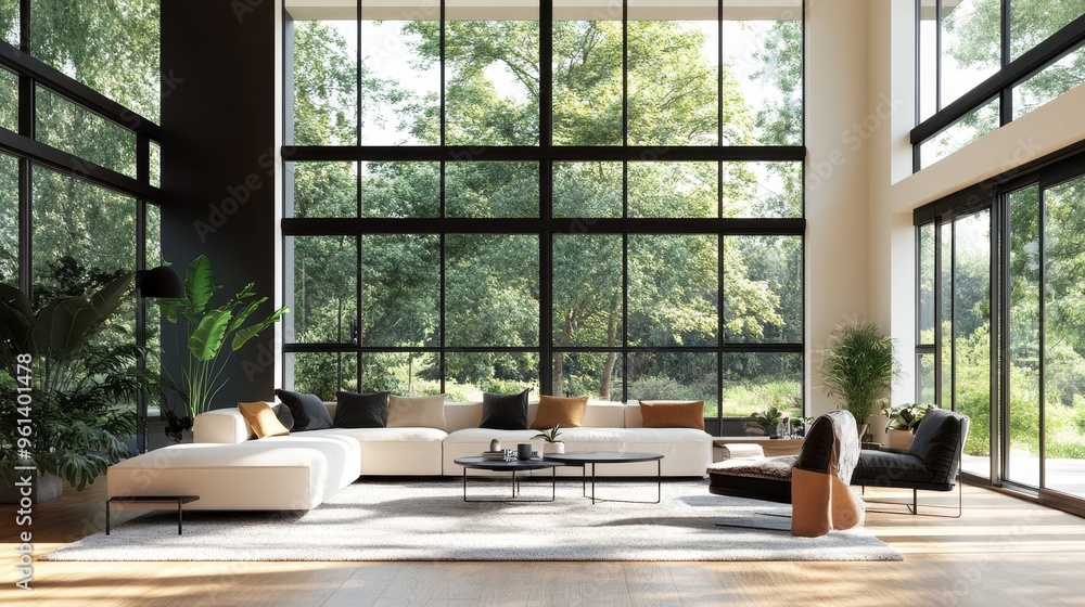 Modern Spacious Living Room with Large Windows Overlooking Lush Greenery and Contemporary Furniture Modern Spacious Living Room with Large Windows Overlooking Lush Greenery and Contemporary Furniture