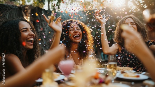 A group of women joyfully dining and celebrating with colorful confetti in the air, embodying friendship, happiness, and the delight of shared moments in a festive setting. photo