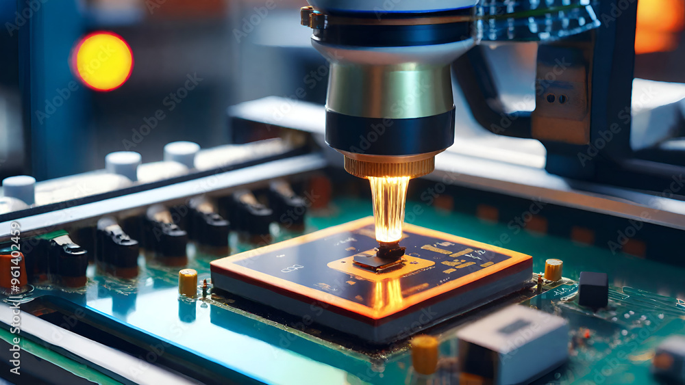 Precision automated machine arm calibrating and assembling circuit board components in a high-tech electronic manufacturing facility Precision automated machine arm calibrating and assembling circuit board components in a high-tech electronic manufacturing facility