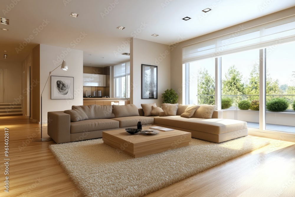Fototapeta premium Modern living room interior design with sectional sofa and large windows