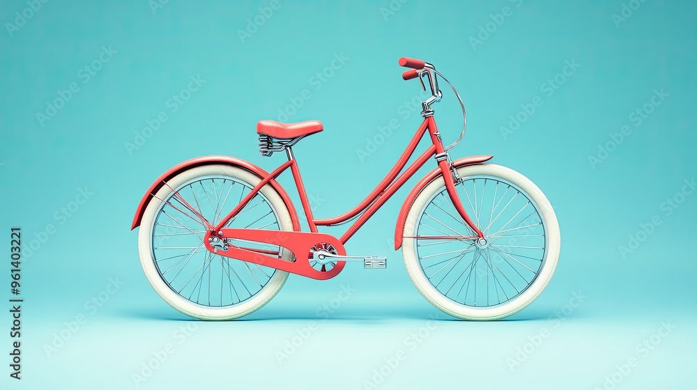 Fototapeta premium A stylish vintage bicycle with a coral frame and white tires against a turquoise background.