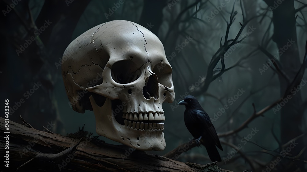 A highly realistic image of a decaying human skull, with dry branches winding through its fractures and cracks. A sharp-eyed black feathers crow, stands beside the skull. A highly realistic image of a decaying human skull, with dry branches winding through its fractures and cracks. A sharp-eyed black feathers crow, stands beside the skull.